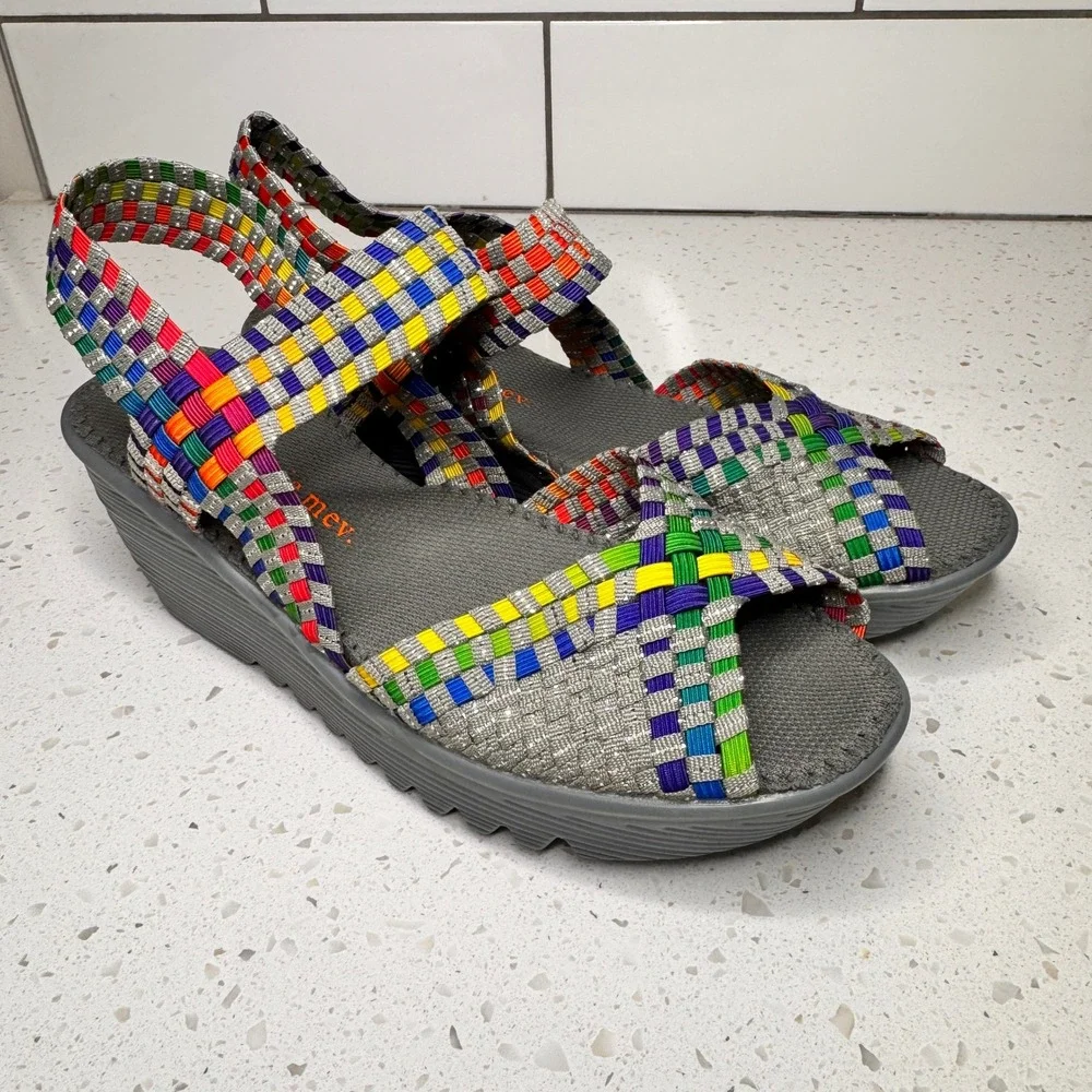 Bernie Mev Fame Woven Rainbow Silver Wedge Sandals Womens‎ 39 or 8 Platform